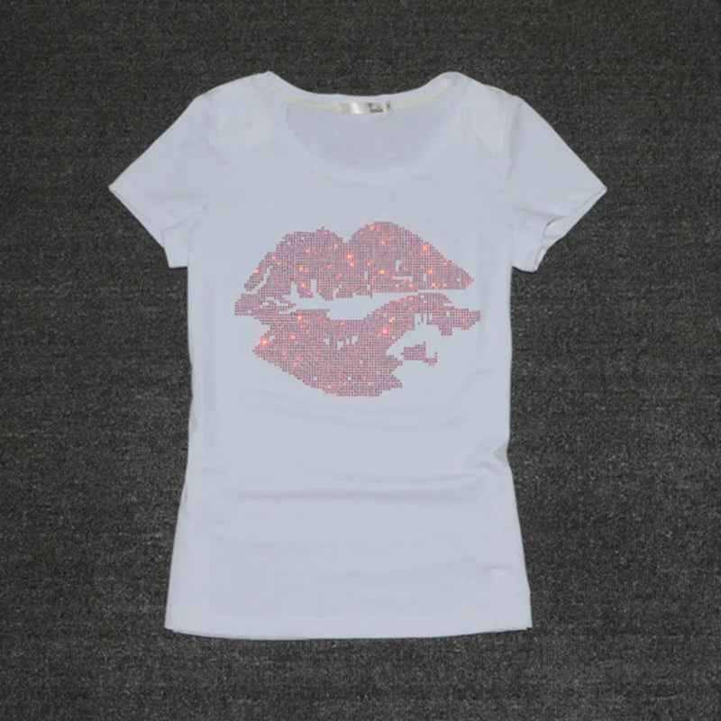 Top Selling t shirt women Summer Short Sleeve Feminine Fashion Sexy Lip Crystal T-shirt O Neck Soft Cotton Ladies Tee shirt