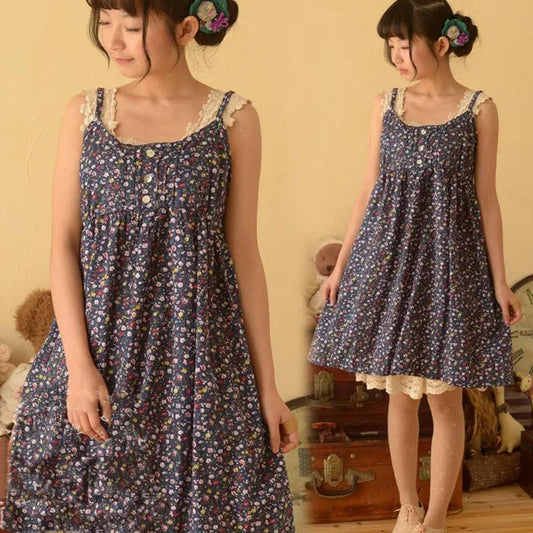 Japanese Mori Girl Women Sweet Cute Floral Print All Match Sleeveless Spaghetti Strap Soft Basic Bottom Female Dress Lolita C182