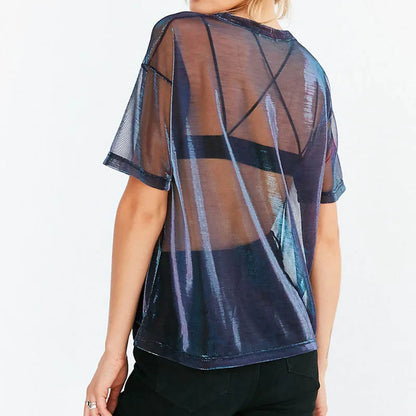 Sexy Mesh Blouse 2023 Summer See-Through Women Shirts Short Sleeve Perspective Shine Casual Women Tops Lady Vintage Blusas