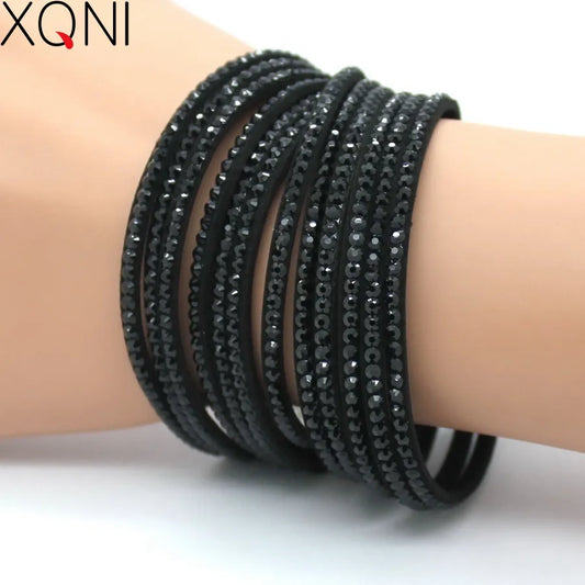 XQNI Brand Jewelry Black Crystal Leather Bracelets Women Bangles Trendy Mosaic Brand Rhinestone Classic Girls Charm Bracelets.