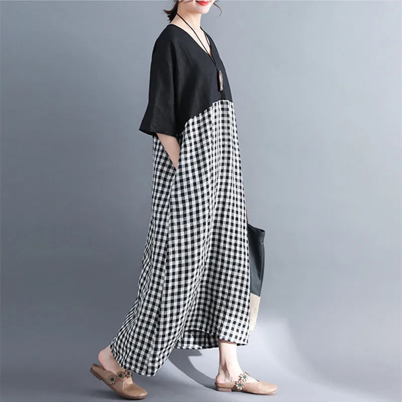 Johnature V-Neck Half Batwing Sleeve Dresses New Women High Waist Patchwork Vintage Plaid 2024 Summer Pockets Dresses