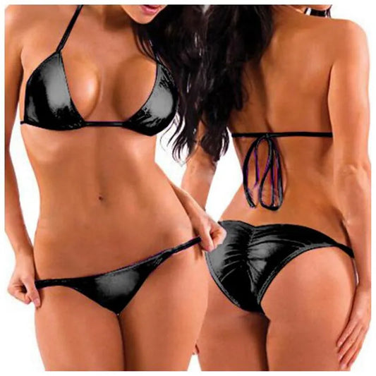 Sexy Women Two-Piece PU Leather Bikini Swimsuit Mini Triangle Thongs+Bra Tops,Lacing Adjust Cute Bathing Bikinis Set Swimwear