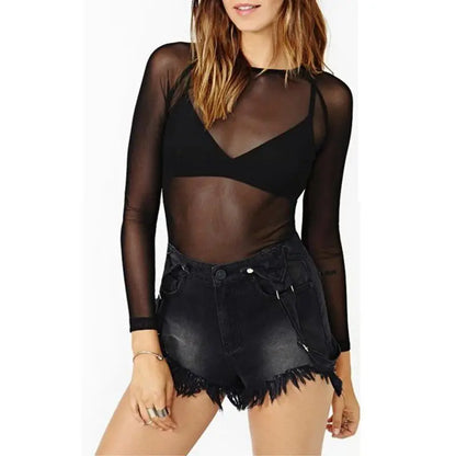 Hot New 2024 Spring Summer Womens Long Sleeve Sexy Black Mesh Top T Shirts Transparent Punk Club Streetwear Tees Beach Tops