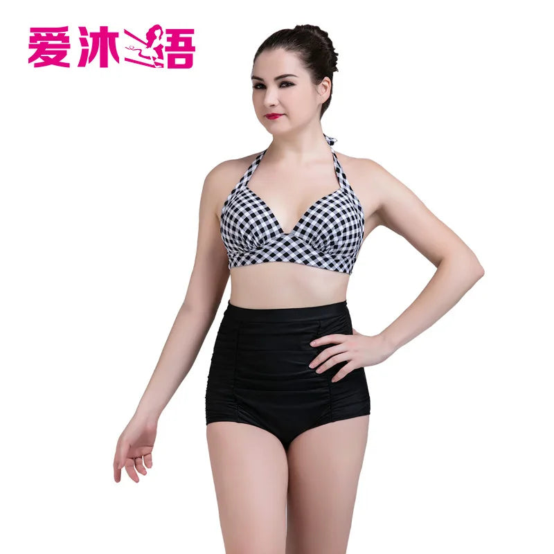 Plus Size Women Halter Top Bikini Set High Waist Push Up Swimsuit Plaid Vintage Sexy Beach Bathing Suit Swim Wear Retro XXL XXXL