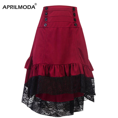 Costumes Steampunk Gothic Skirt Lace Women Clothing High Low Ruffle Party Lolita Red Medieval Victorian Punk Skater Button Front