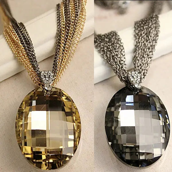 2023 New Gold Color Black Oval Glass Crystal Pendant Charm Multi-Chain Long Chain Necklaces for Women Summer Party Gift