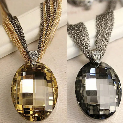 2023 New Gold Color Black Oval Glass Crystal Pendant Charm Multi-Chain Long Chain Necklaces for Women Summer Party Gift