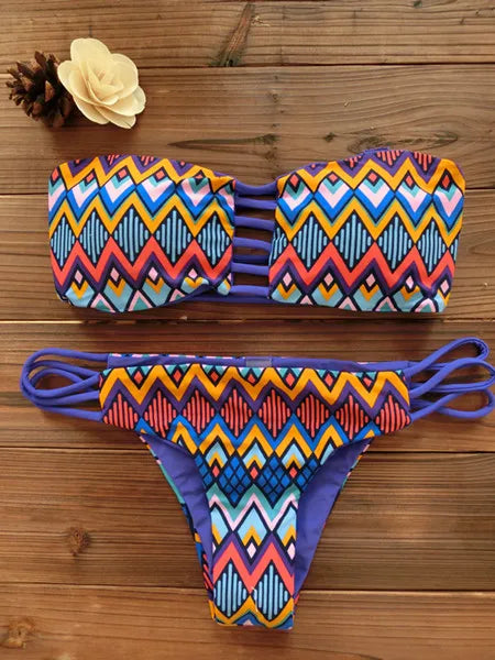 2022 Women Bandeau Bikini Reversible Print Swimsuit Strappy Swimwear Biquini Trikini 1112