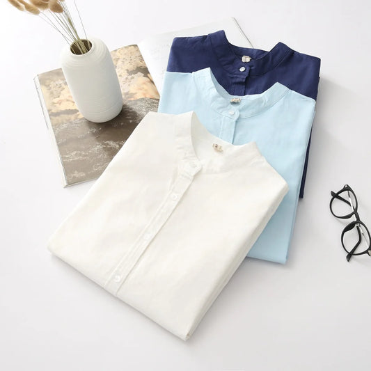 EYM 2024 Brand New Arrival Women's Shirt Casual Cotton Stand Collar Solid Color White Long Sleeve Blouses Simple Style Lady Tops