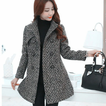 New Women's Wool Blends Coat Winter 2024 Autumn Fashion Elegant Mother Turtleneck Plaid Slim Long Tweed Woolen Outerwear Female