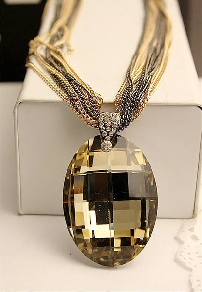 2023 New Gold Color Black Oval Glass Crystal Pendant Charm Multi-Chain Long Chain Necklaces for Women Summer Party Gift