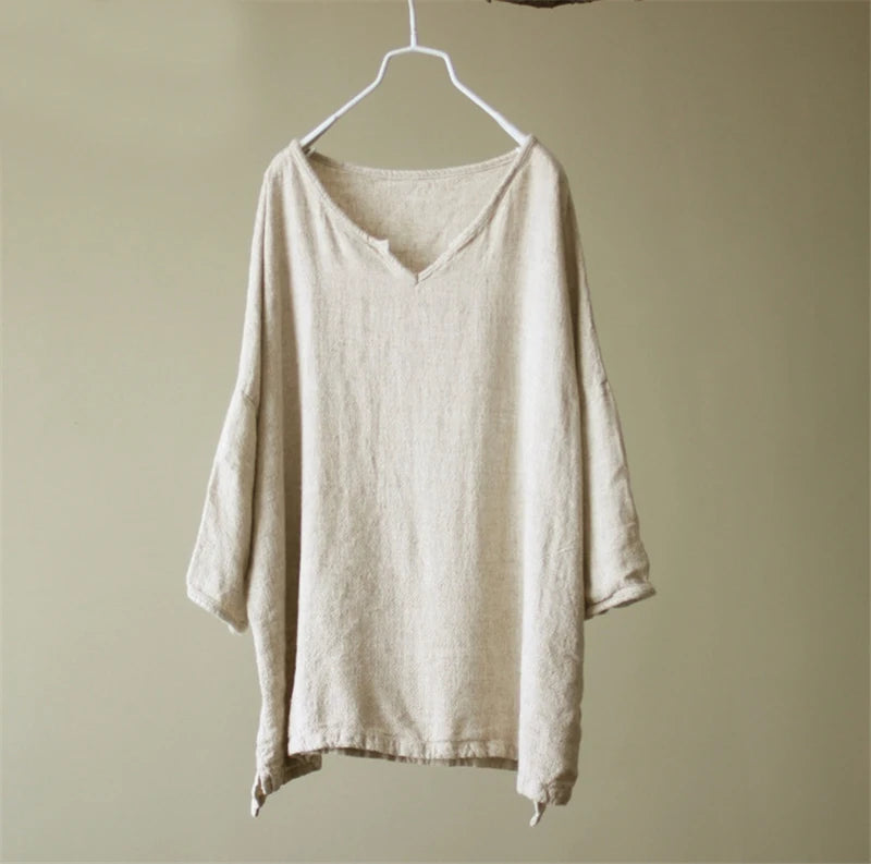 Johnature Linen Cotton Women T-Shirts Tops Vintage V-Neck 2024 Summer New Linen Color Loose Half Sleeve China Women T-Shirt