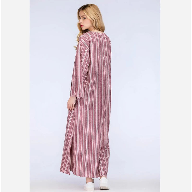 Womens Cotton Linen Dress Big size 5XL large size Kaftan Long Sleeve 2024 Summer Striped Women Large Size Long Maxi Boho Dresses