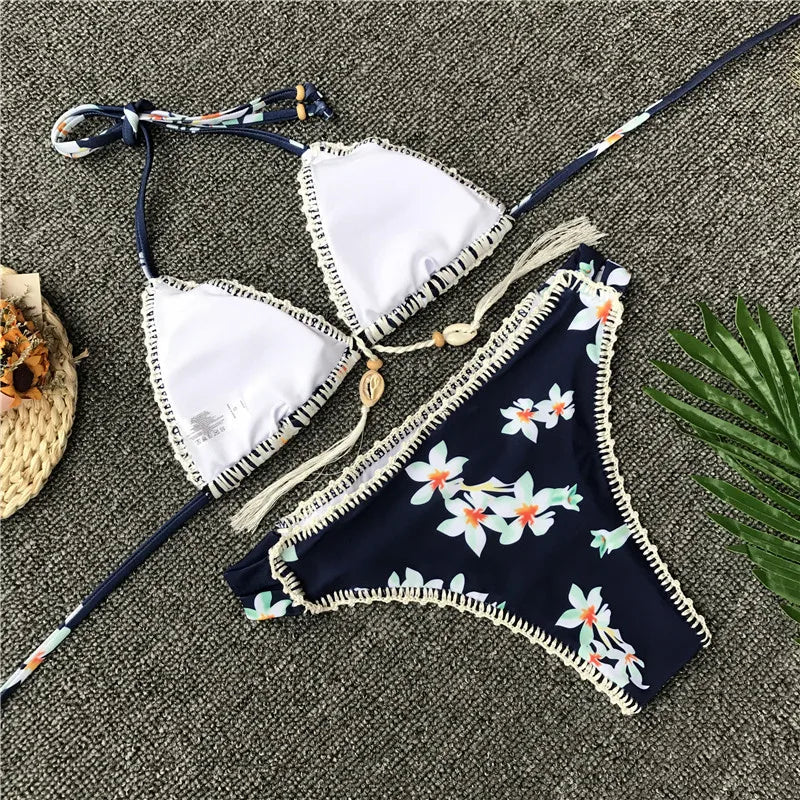 Flower Printed Bikini Women Swimsuit Halter Bikini Crochet Swimwear Shells Low Waisted Swimming Suit Biquini Beach Bathing Suit