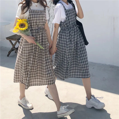 2023 Summer Spaghetti Strap Plaid Dress High Waist Sleeveless Long Women Dress Casual Loose Kawaii Dresses Lolita Sundress