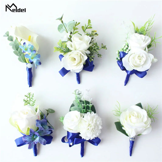 Meldel Corsage Men Wedding Boutonniere Bridal Wrist Corsage Bracelet White Blue Groomsmen Lapel Pin Party Meeting Flowers Decor