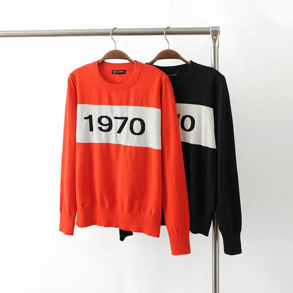 Women 1970 letter pullover Long Sleeve Sweater hot fashion star top Letter 1970 Knitting Tops