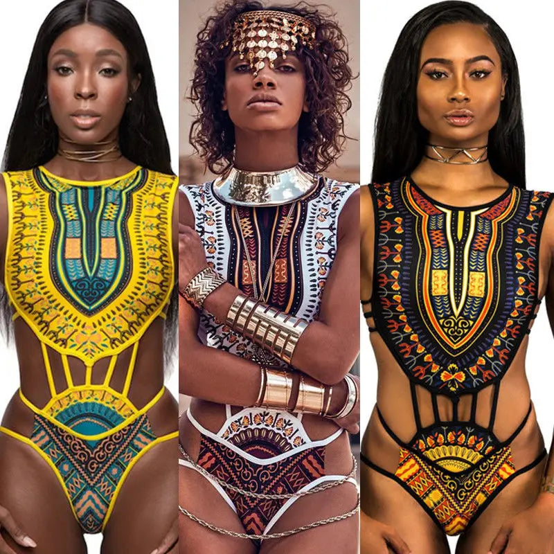 Sexy Women Ethnic Floral Swimsuit African Bathing Suit High Waist Printed Cover Up Bikini Set Bathers Swimwear Beachwear