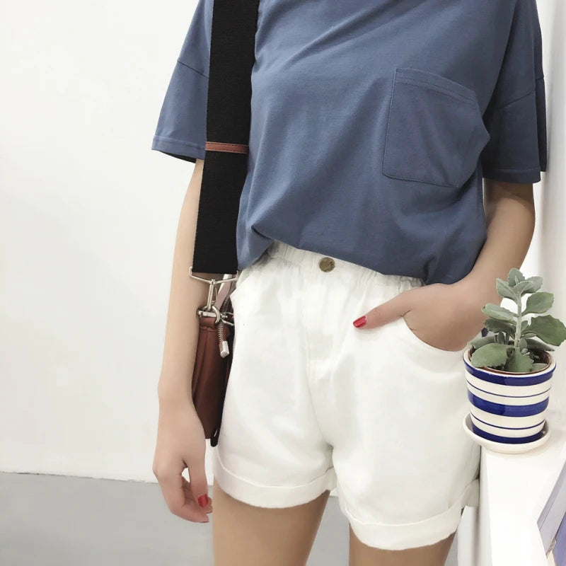 2023 Summer High Waist Denim Shorts Women Casual Loose Ladies Fashion Roll Up Hem Elastic Waist Pocket Blue White Jeans Female