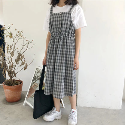 2023 Summer Spaghetti Strap Plaid Dress High Waist Sleeveless Long Women Dress Casual Loose Kawaii Dresses Lolita Sundress