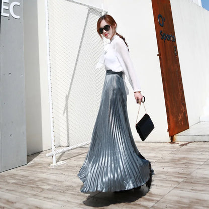 2023 Vintage Silver black skirt  metal solid flared  Maxi Skirt Beach Long Pleated Skirts High waist female quality women saia