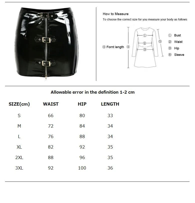 Women Wet Look PVC Latex Pencil Skirt Vinyl Zipper Adjustable Button Shiny Clubwear Bodycon Mini Skirt