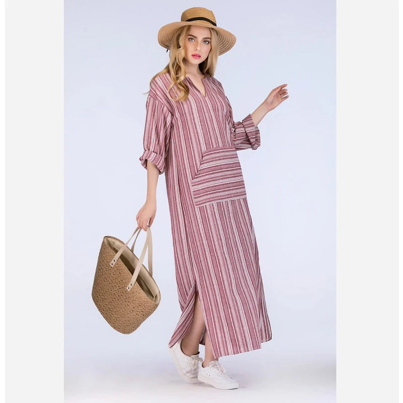 Womens Cotton Linen Dress Big size 5XL large size Kaftan Long Sleeve 2024 Summer Striped Women Large Size Long Maxi Boho Dresses