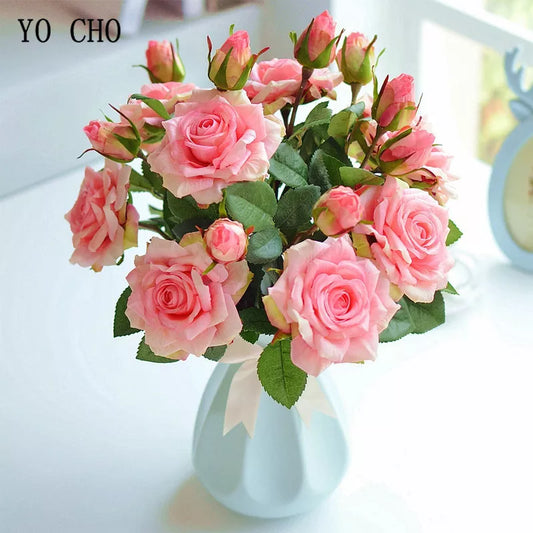 YO CHO Bride Wedding Bouquet Real Touch Rose Flower Artificial Silk Rose Marriage Supplies DIY Home Wedding Party Flower Decor