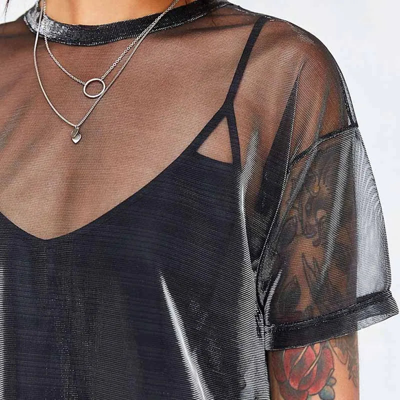 Sexy Mesh Blouse 2023 Summer See-Through Women Shirts Short Sleeve Perspective Shine Casual Women Tops Lady Vintage Blusas