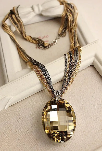 2023 New Gold Color Black Oval Glass Crystal Pendant Charm Multi-Chain Long Chain Necklaces for Women Summer Party Gift