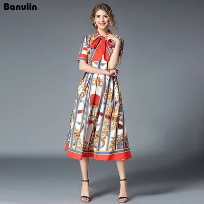 Banulin HIGH QUALITY 2020Newest Runway Designer Summer Dress Women's Short Sleeve Shirt Collar Stripe Printed Bow Midi Dress