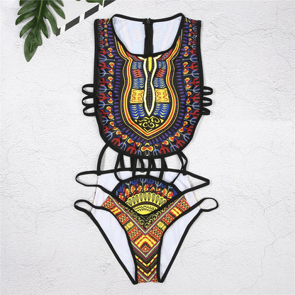 Sexy Women Ethnic Floral Swimsuit African Bathing Suit High Waist Printed Cover Up Bikini Set Bathers Swimwear Beachwear