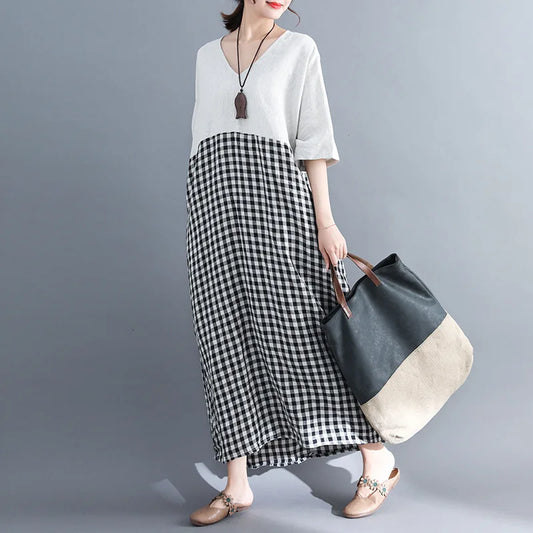 Johnature V-Neck Half Batwing Sleeve Dresses New Women High Waist Patchwork Vintage Plaid 2024 Summer Pockets Dresses