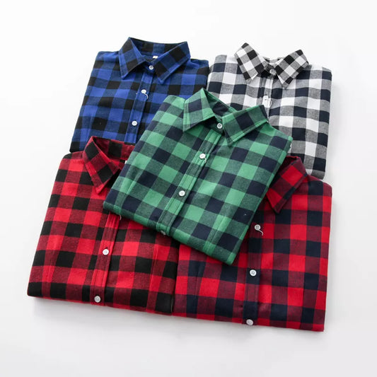 2023 Women Blouses Brand New Excellent Quality Flannel Red Plaid Shirt Women Cotton Casual Long Sleeve Shirt Tops Lady Clothes