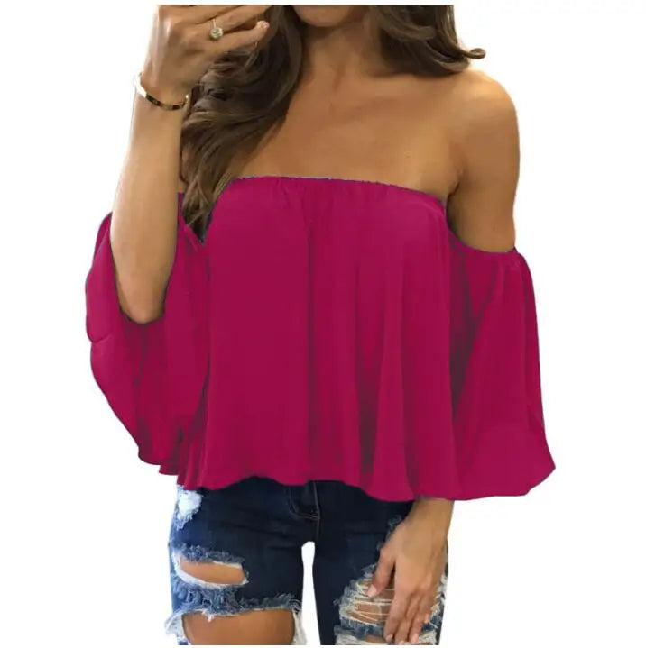 2022 Summer T-shirt Women Fashion Sexy Chiffon Off Shoulder Shirts Strapless Short Sleeve Beach Tops Tee Feminine 5XL