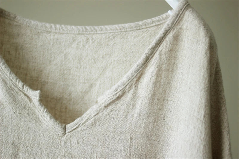 Johnature Linen Cotton Women T-Shirts Tops Vintage V-Neck 2024 Summer New Linen Color Loose Half Sleeve China Women T-Shirt