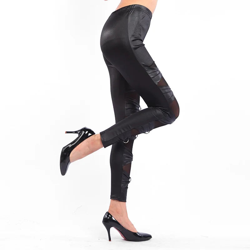 lady sexy punk rock metal leggings gothic lace up leggings night bar club ring cross legging fake leather riveet pant