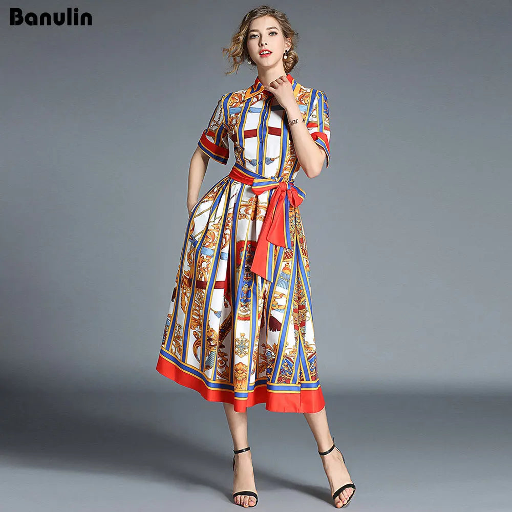 Banulin HIGH QUALITY 2020Newest Runway Designer Summer Dress Women's Short Sleeve Shirt Collar Stripe Printed Bow Midi Dress