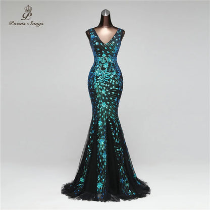 Poems Songs Double-V Mermaid  Evening Dress prom gowns Formal Party dress vestido de festa Elegant Vintage robe longue