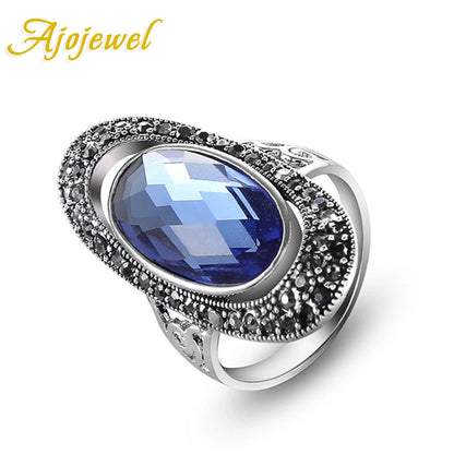 Ajojewel Women's Blue/Green Oval Crystal Ring Black CZ Vintage Finger Jewelry Wholesale Bague Femme Fashion Gift