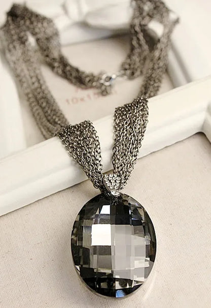 2023 New Gold Color Black Oval Glass Crystal Pendant Charm Multi-Chain Long Chain Necklaces for Women Summer Party Gift