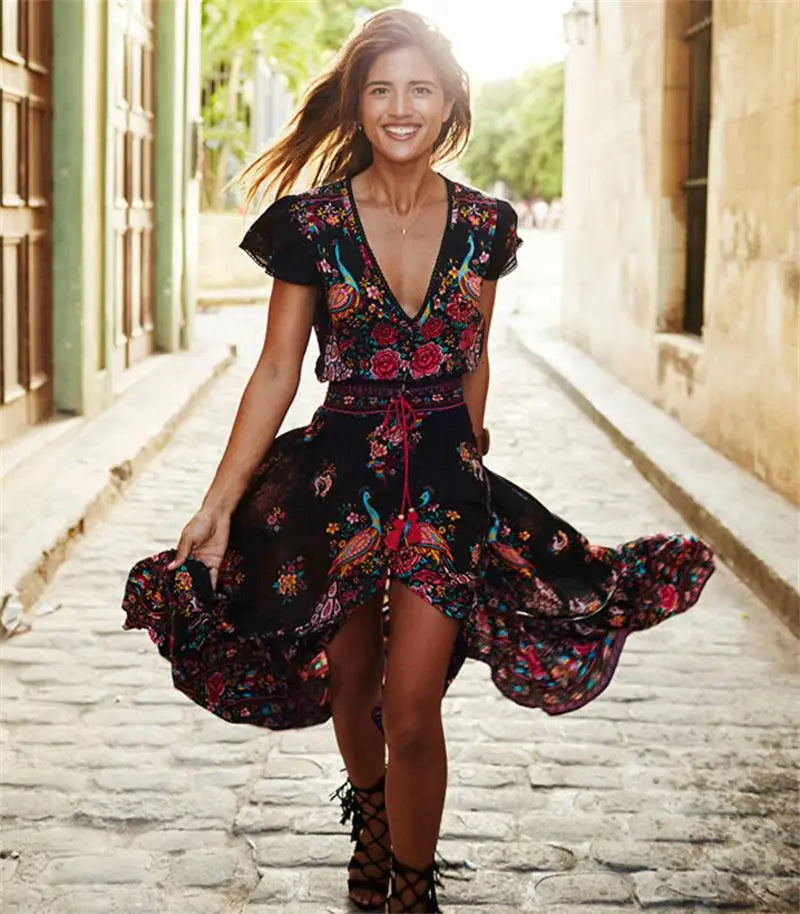 Hot Fashion Summer Dress Sexy Womens Floral Print Dress Beach Style Vintage Dresses Deep V Neck Sleeveless Dresses