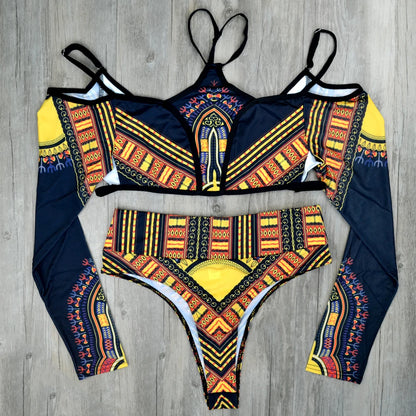 African Print High Waist Bikini Women Swimsuit Long Sleeve Swimwear Female Off Shoulder Two pieces Bikini set Bathing Suit Swim