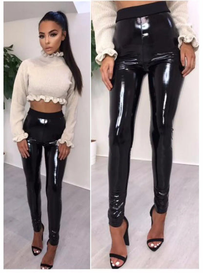2018 Brand New Women Sexy Black Pants Slim Soft Strethcy Shiny Wet Look Faux Leather Leggings Fashion PU Leggings