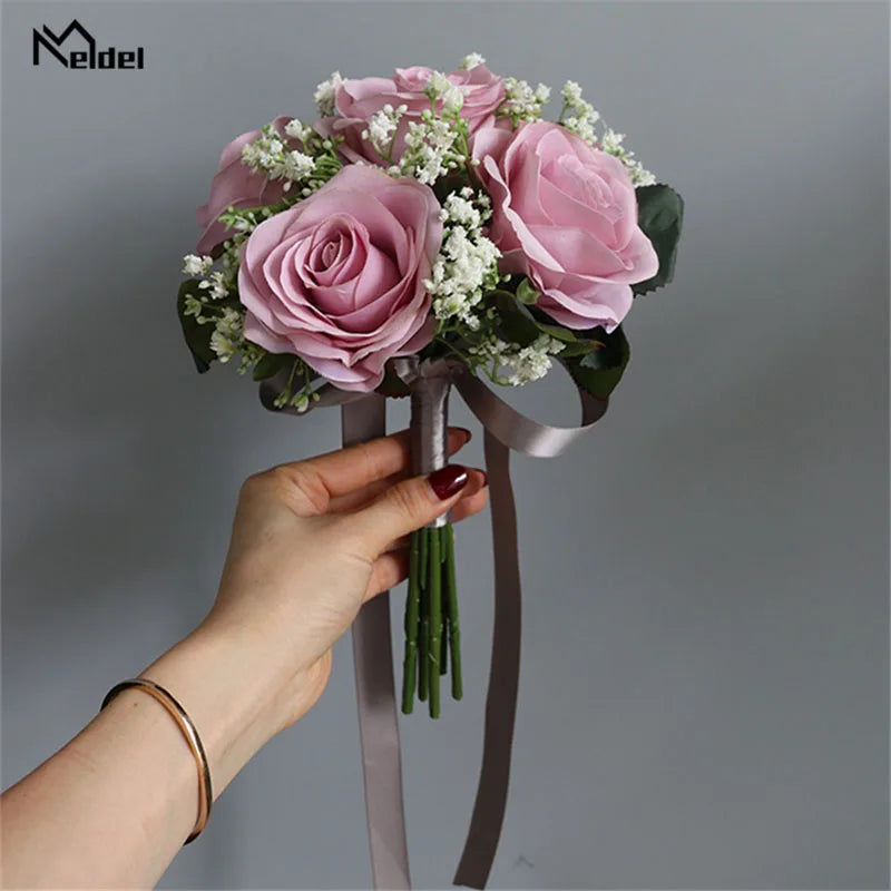 Meldel Bride Rose Bouquet Wedding Supplies Bridesmaid Rose Babysbreath Bouquet Flower Arrangement DIY Home Party Prom Decoration