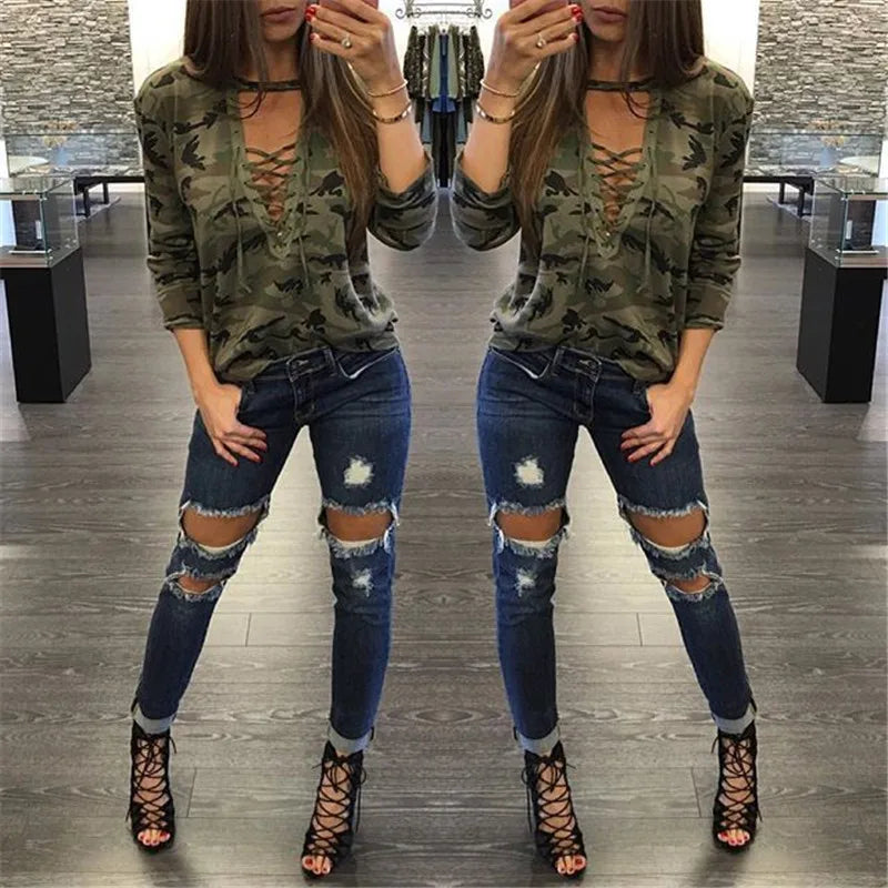 Camouflage Print Women Long Sleeve Slim T-Shirt Fashion V-Neck Lace-up Lady Sexy Tops Army Style Casual Female TShirt Tee