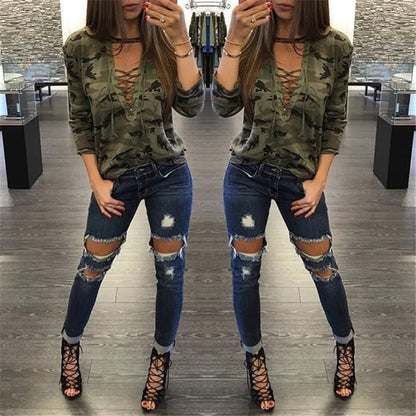 Camouflage Print Women Long Sleeve Slim T-Shirt Fashion V-Neck Lace-up Lady Sexy Tops Army Style Casual Female TShirt Tee