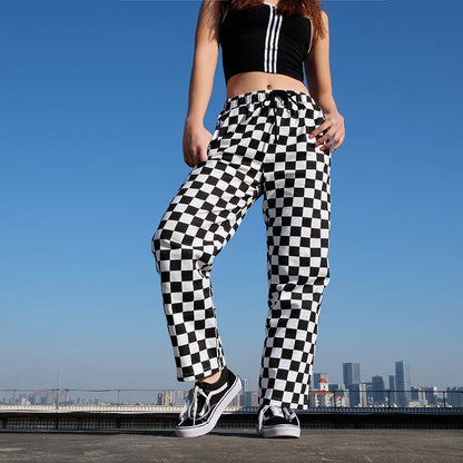 Punk Plaid Straight Wide Leg Pants Women Checkerboard Casual Loose Long Trousers Bottom Femme Sweatpants Hip hop Y2K Pantalon