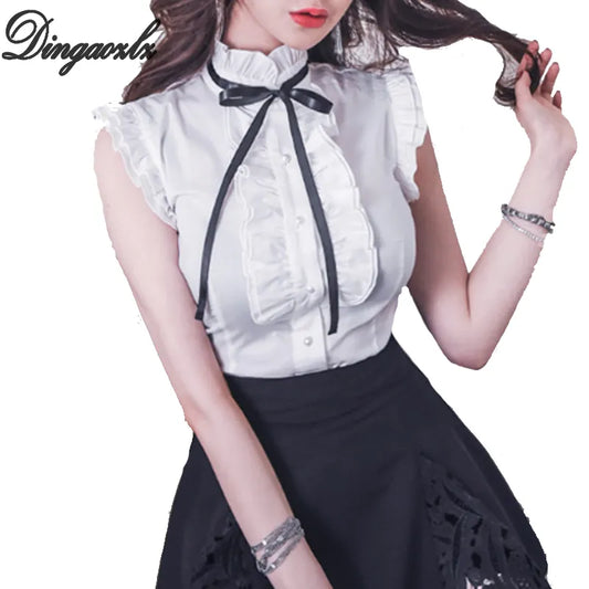 Dingaozlz Elegant Bow tie Office lady White shirt Summer Butterfly sleeve Women Tops Fashion Ruffles Female Chiffon blouse