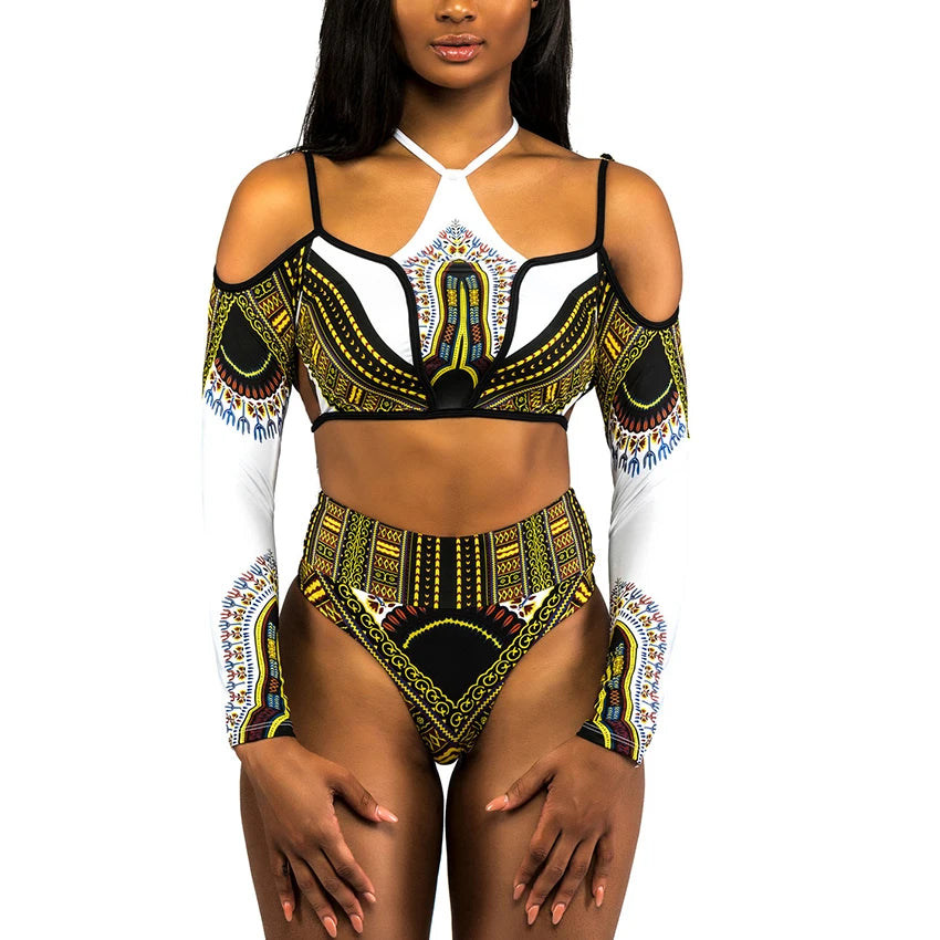 African Print High Waist Bikini Women Swimsuit Long Sleeve Swimwear Female Off Shoulder Two pieces Bikini set Bathing Suit Swim